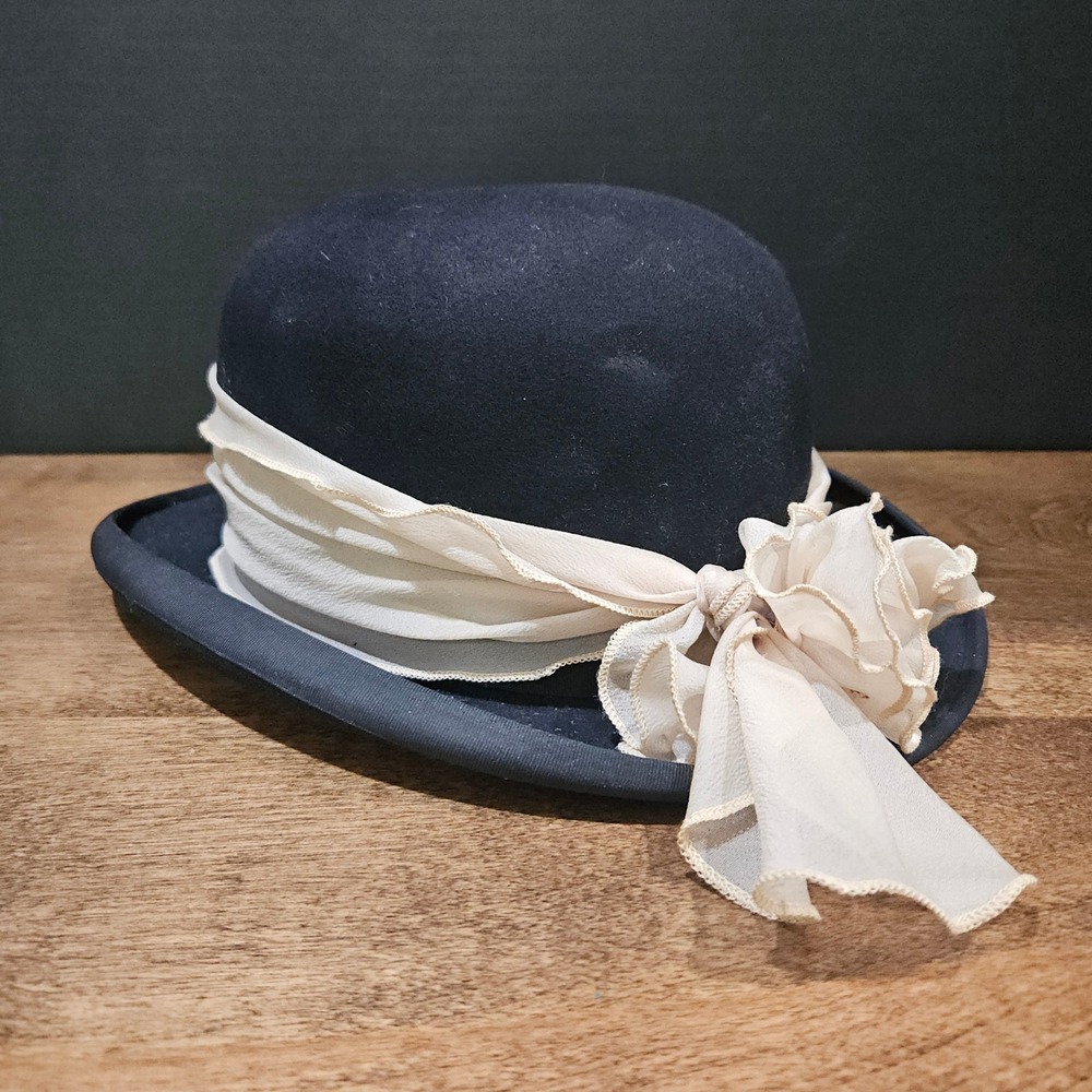 John Stetson Women's Black Bowler Hat Small Chiffon Scarf Trim Vintage Holland's